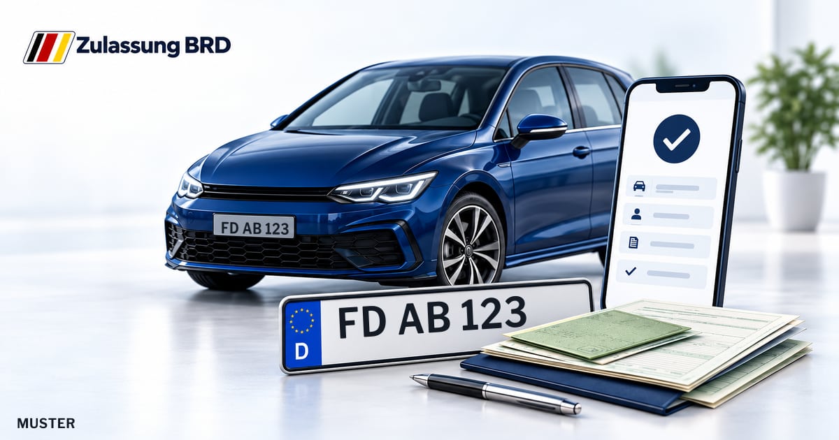 Online Fahrzeugzulassung in Burghaun: Musterkennzeichen FD AB 123, Auto und Fahrzeugpapiere und Smartphone. Illustration mit Logo von Zulassung BRD.